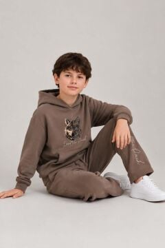 Erkek Çocuk Önü ve Arkası Kurt Çizim Baskılı Kapüşonlu Sweatshirt Kahverengi Eşofman Takım