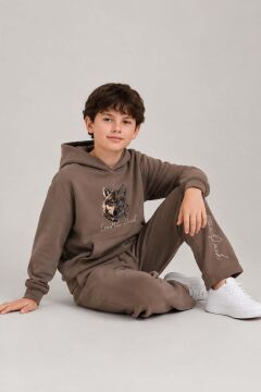 Erkek Çocuk Önü ve Arkası Kurt Çizim Baskılı Kapüşonlu Sweatshirt Kahverengi Eşofman Takım