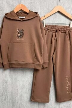 Erkek Çocuk Önü ve Arkası Kurt Çizim Baskılı Kapüşonlu Sweatshirt Kahverengi Eşofman Takım