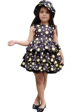 Kız Çocuk Kolları ve Eteği Kat Kat Fırfırlı Üzeri Sarı Benekli Elbise