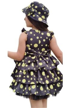 Kız Çocuk Kolları ve Eteği Kat Kat Fırfırlı Üzeri Sarı Benekli Elbise