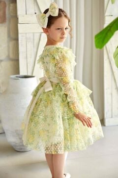 Kız Çocuk Omuzları ve Beli Fırfırlı Puantiye Detaylı Şeffaf Tül Çiçek Desenli Kabarık Sarı Elbise
