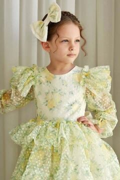 Kız Çocuk Omuzları ve Beli Fırfırlı Puantiye Detaylı Şeffaf Tül Çiçek Desenli Kabarık Sarı Elbise