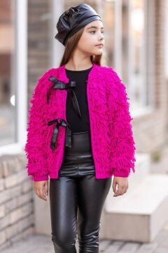 Kız Çocuk Sıfır Yaka Penye Kazak Yüksek Bel Deri Tayt Fuşya Kürk Detaylı Triko Ceket Alt Üst Takım