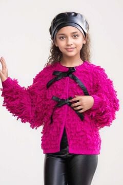 Kız Çocuk Sıfır Yaka Penye Kazak Yüksek Bel Deri Tayt Fuşya Kürk Detaylı Triko Ceket Alt Üst Takım