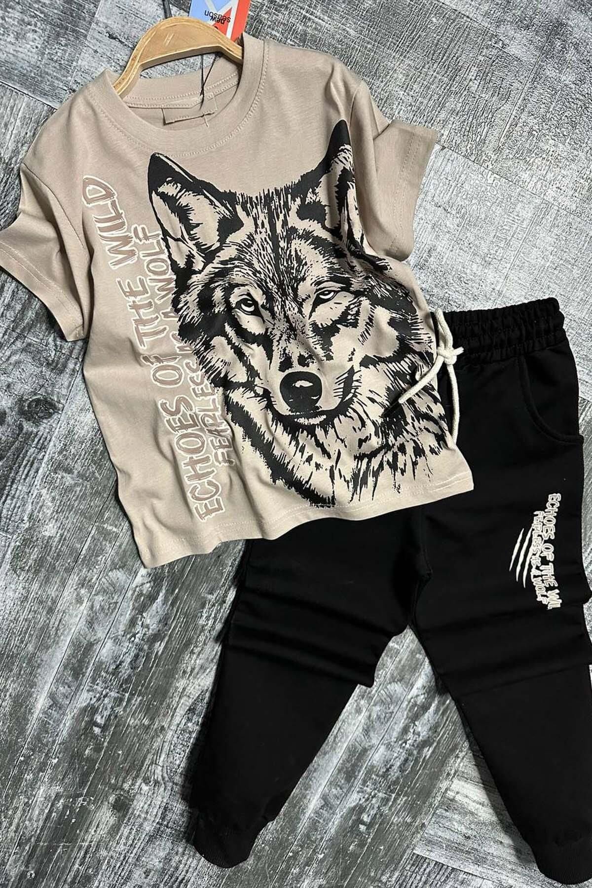 Erkek Çocuk Kara Kalem Kurt ve Yazı Baskılı Kahverengi T-Shirt Eşofman Takım