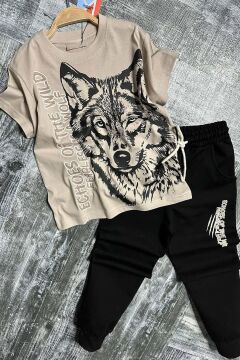 Erkek Çocuk Kara Kalem Kurt ve Yazı Baskılı Kahverengi T-Shirt Eşofman Takım