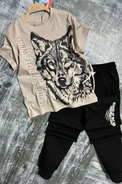 Erkek Çocuk Kara Kalem Kurt ve Yazı Baskılı Kahverengi T-Shirt Eşofman Takım