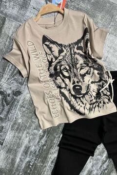 Erkek Çocuk Kara Kalem Kurt ve Yazı Baskılı Kahverengi T-Shirt Eşofman Takım