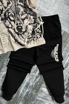 Erkek Çocuk Kara Kalem Kurt ve Yazı Baskılı Kahverengi T-Shirt Eşofman Takım