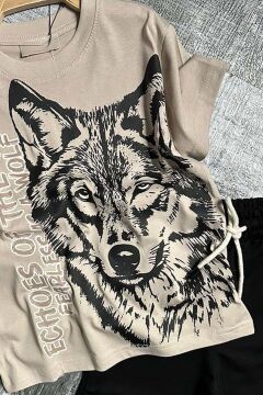 Erkek Çocuk Kara Kalem Kurt ve Yazı Baskılı Kahverengi T-Shirt Eşofman Takım