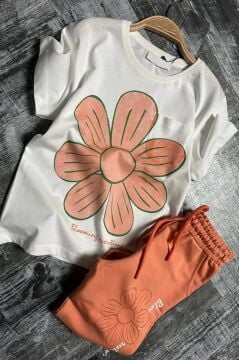 Kız Çocuk Üzeri Papatya Baskılı T-Shirt Çift Cepli Lastikli Turuncu Pijama Takımı