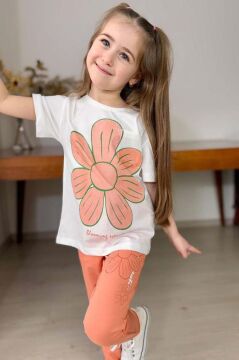 Kız Çocuk Üzeri Papatya Baskılı T-Shirt Çift Cepli Lastikli Turuncu Pijama Takımı
