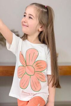 Kız Çocuk Üzeri Papatya Baskılı T-Shirt Çift Cepli Lastikli Turuncu Pijama Takımı