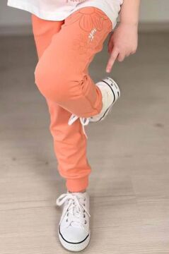 Kız Çocuk Üzeri Papatya Baskılı T-Shirt Çift Cepli Lastikli Turuncu Pijama Takımı