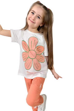 Kız Çocuk Üzeri Papatya Baskılı T-Shirt Çift Cepli Lastikli Turuncu Pijama Takımı