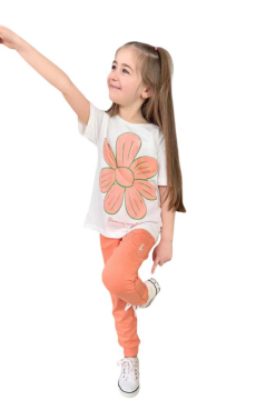 Kız Çocuk Üzeri Papatya Baskılı T-Shirt Çift Cepli Lastikli Turuncu Pijama Takımı