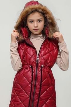 Kız Çocuk Kare Desenli Dikiş Detaylı Uzun Şişme Cherry Kırmızı Yelek Boğazlı Kazak Pantolon Alt Üst Takım