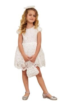 Kız Çocuk Üzeri Boydan Dantel Güpür İşlemeli Şeffaf Tüllü Sıfır Kol Beyaz Elbise