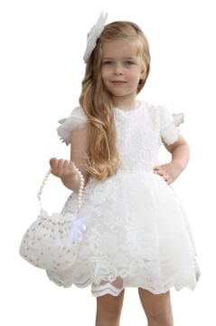 Kız Çocuk Üzeri Boydan Dantel Güpür İşlemeli Şeffaf Tüllü Sıfır Kol Beyaz Elbise