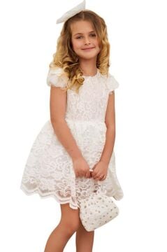 Kız Çocuk Üzeri Boydan Dantel Güpür İşlemeli Şeffaf Tüllü Sıfır Kol Beyaz Elbise