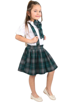 Kız Çocuk Kolları Fırfırlı Bebe Yaka Gömlek Üzeri Kare Çizgili Etekli Yeşil Salopet Takım