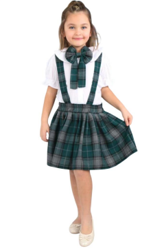 Kız Çocuk Kolları Fırfırlı Bebe Yaka Gömlek Üzeri Kare Çizgili Etekli Yeşil Salopet Takım