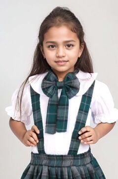 Kız Çocuk Kolları Fırfırlı Bebe Yaka Gömlek Üzeri Kare Çizgili Etekli Yeşil Salopet Takım