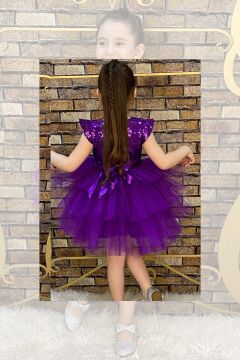 Kız Çocuk Üstü Pulpayet İşlemeli Katkat Mor Abiye