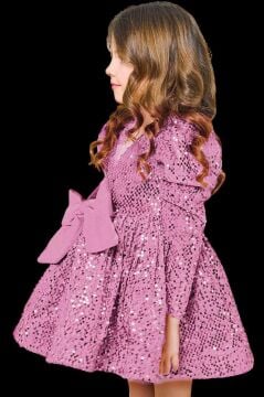 Kız Çocuk V Yaka Üzeri Pulpayet İşlemeli Eteği Kabarık Kadife Pudra Abiye