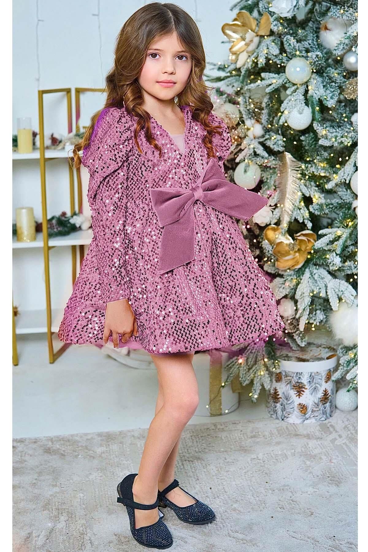 Kız Çocuk V Yaka Üzeri Pulpayet İşlemeli Eteği Kabarık Kadife Pudra Abiye