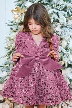 Kız Çocuk V Yaka Üzeri Pulpayet İşlemeli Eteği Kabarık Kadife Pudra Abiye