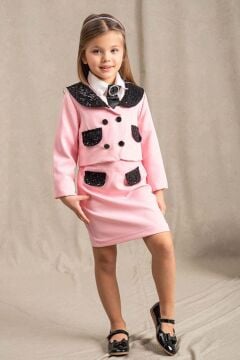 Kız Çocuk New Güpür İşlemeli Cep Detaylı ve Broşlu Pembe Etekli Takım