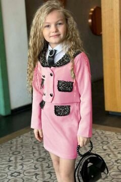 Kız Çocuk New Güpür İşlemeli Cep Detaylı ve Broşlu Pembe Etekli Takım