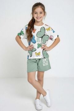 Kız Çocuk Üzeri Renkli Kelebek Baskılı Penye T-Shirt Yazı Baskılı Yeşil Şortlu Takım