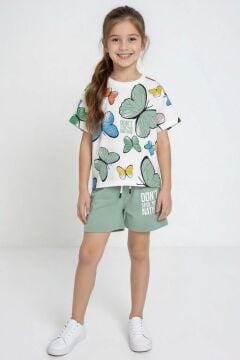 Kız Çocuk Üzeri Renkli Kelebek Baskılı Penye T-Shirt Yazı Baskılı Yeşil Şortlu Takım
