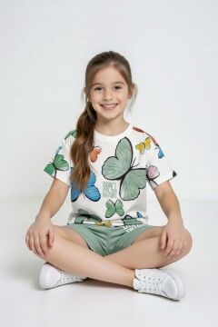 Kız Çocuk Üzeri Renkli Kelebek Baskılı Penye T-Shirt Yazı Baskılı Yeşil Şortlu Takım
