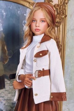 Kız Çocuk Boğazlı Yaka Saten Bluz Deri Detaylı Kemerli Ceket Pliseli Deri Taba Etekli Takım