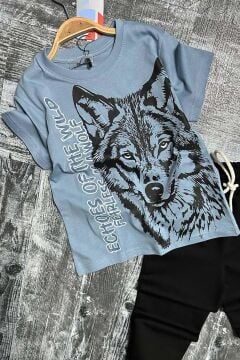 Erkek Çocuk Kara Kalem Kurt ve Yazı Baskılı Mavi T-Shirt Eşofman Takım