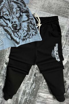 Erkek Çocuk Kara Kalem Kurt ve Yazı Baskılı Mavi T-Shirt Eşofman Takım