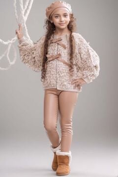 Kız Çocuk Sıfır Yaka Penye Kazak Yüksek Bel Deri Tayt Bej Kürk Detaylı Triko Ceket Alt Üst Takım