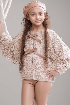 Kız Çocuk Sıfır Yaka Penye Kazak Yüksek Bel Deri Tayt Bej Kürk Detaylı Triko Ceket Alt Üst Takım