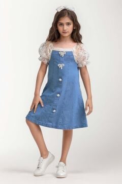 Kız Çocuk Yakası ve Kolları Dantel İşlemeli Balon Kollu Mavi Kot Elbise