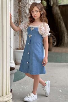 Kız Çocuk Yakası ve Kolları Dantel İşlemeli Balon Kollu Mavi Kot Elbise