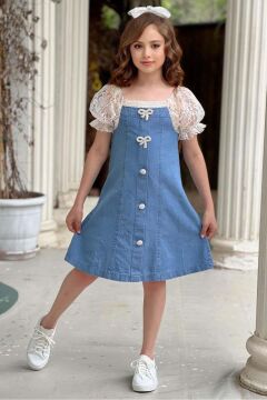 Kız Çocuk Yakası ve Kolları Dantel İşlemeli Balon Kollu Mavi Kot Elbise