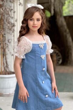 Kız Çocuk Yakası ve Kolları Dantel İşlemeli Balon Kollu Mavi Kot Elbise