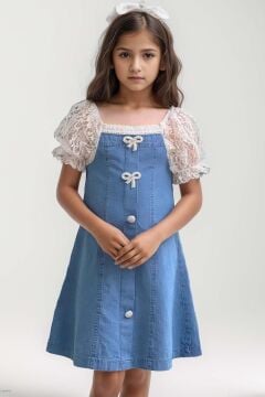 Kız Çocuk Yakası ve Kolları Dantel İşlemeli Balon Kollu Mavi Kot Elbise