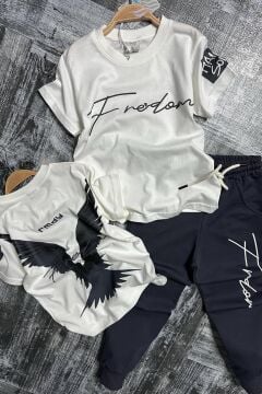 Erkek Çocuk Önü Fredoom Yazı Baskı Arkası Kartal Figürlü T-Shirt Siyah Eşofman Takım