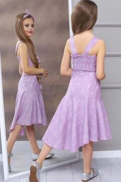 Kız Çocuk Dantel Örgü İşlemeli Askılı Crop Düğme İşlemeli Pliseli Lila Etekli Takım