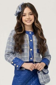 Kız Çocuk Kapitone ve Altın Şerit Detaylı Şanel Mavi Etekli Takım